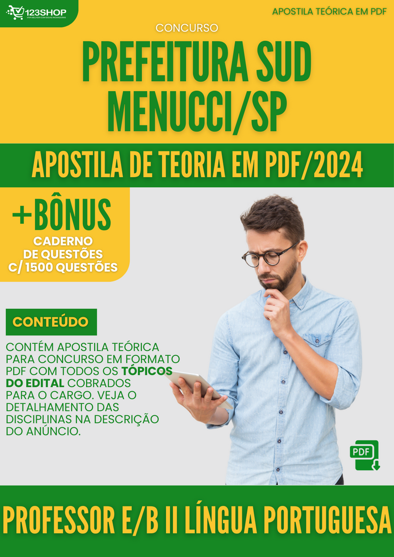 Apostila Teórica para Concurso Pref Sud Mennucci SP 2024 Professor E.B II Língua Portuguesa - Com Caderno de Questões