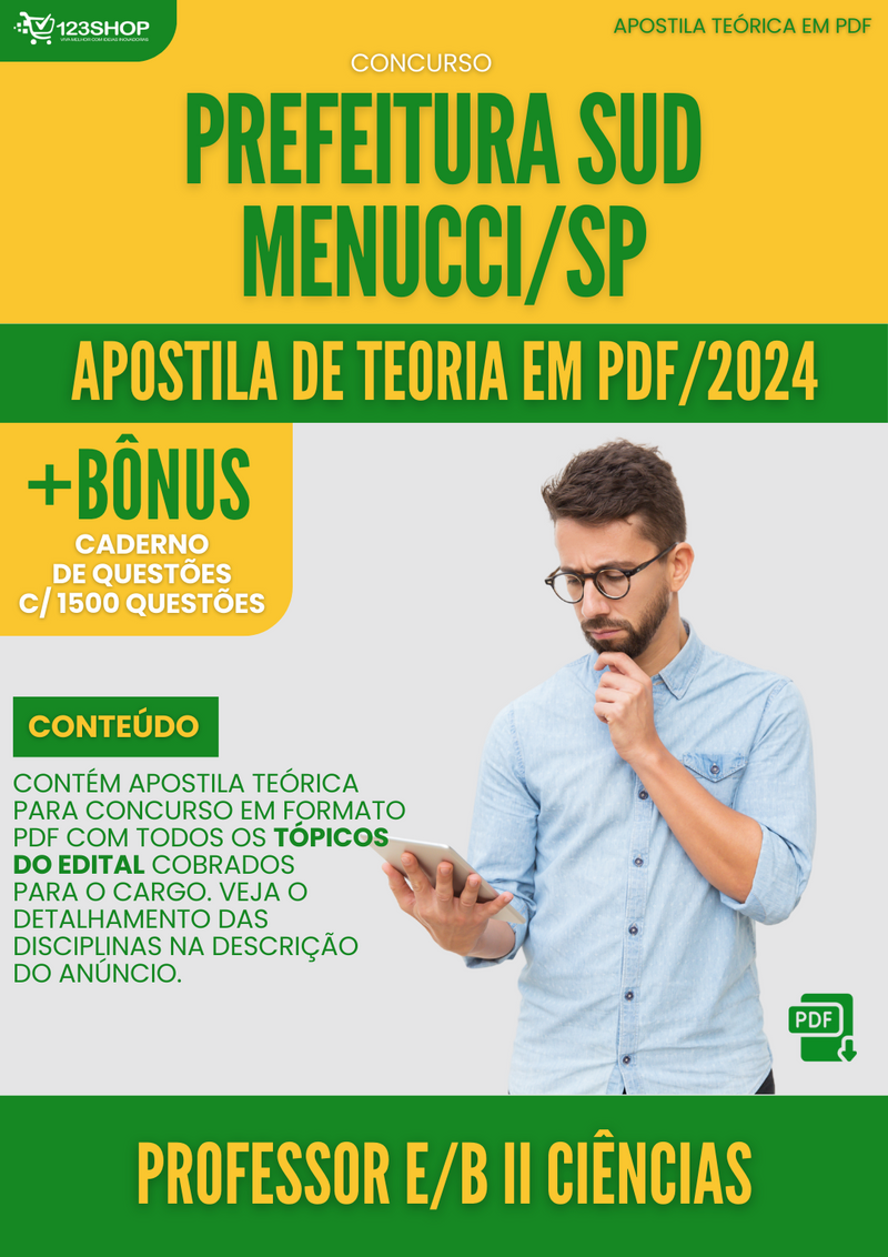 Apostila Teórica para Concurso Prefeitura Sud Mennucci SP 2024 Professor E.B II Ciências - Com Caderno de Questões