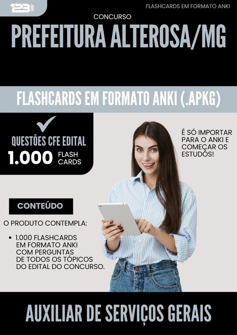 Flashcards para Concurso Auxiliar De Servicos Gerais da Prefeitura Alterosa Mg 2025 - 1.000 Flashcards de Acordo com Edital