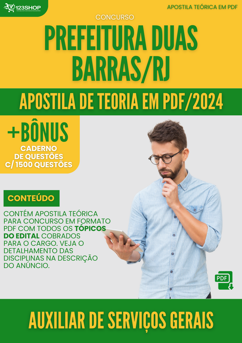 Apostila Teórica para Concurso Prefeitura Duas Barras RJ 2024 Auxiliar Serviços Gerais - Com Caderno de Questões