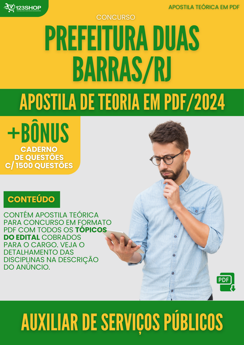 Apostila Teórica para Concurso Prefeitura Duas Barras RJ 2024 Auxiliar Serviços Públicos - Com Caderno de Questões