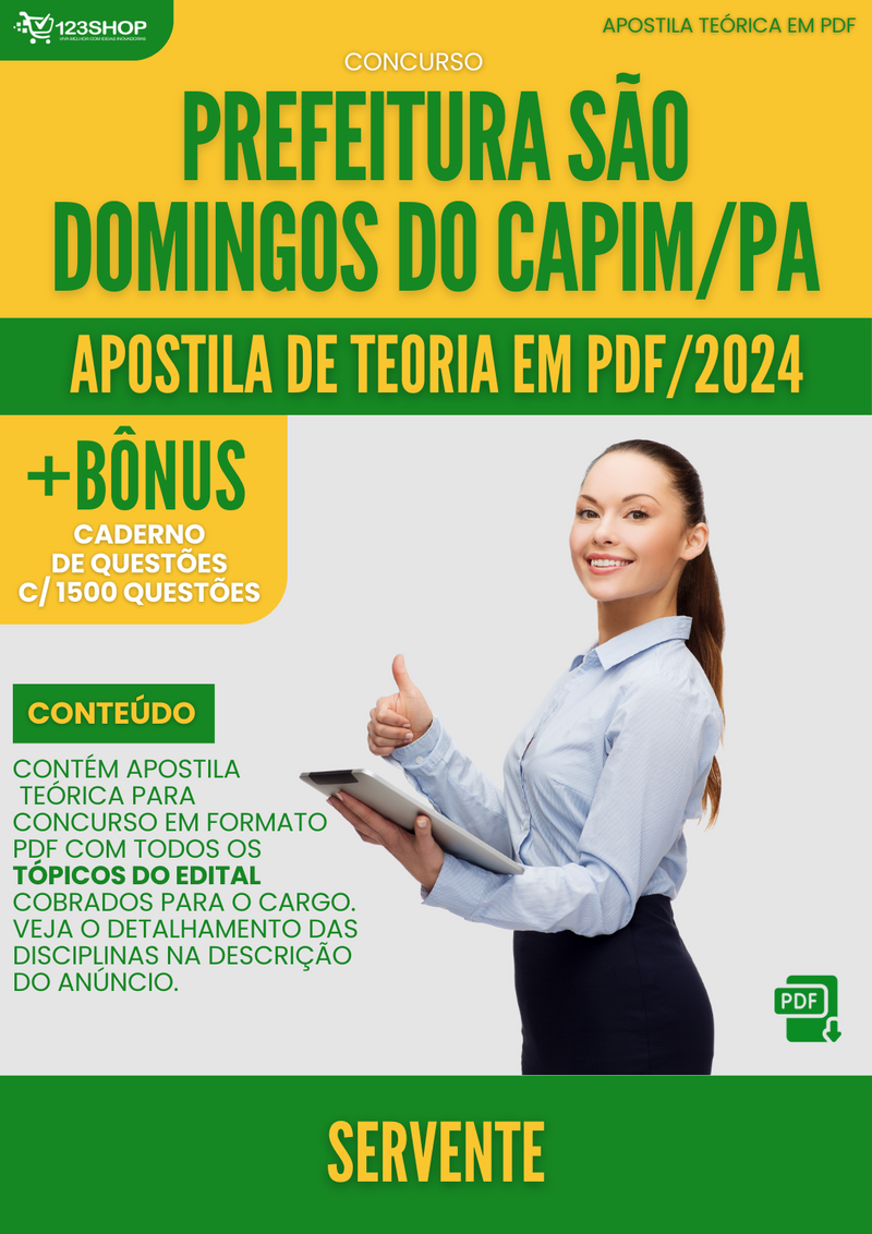 Apostila Teórica para Concurso Prefeitura São Domingos Capim PA 2024 Servente - Com Caderno de Questões