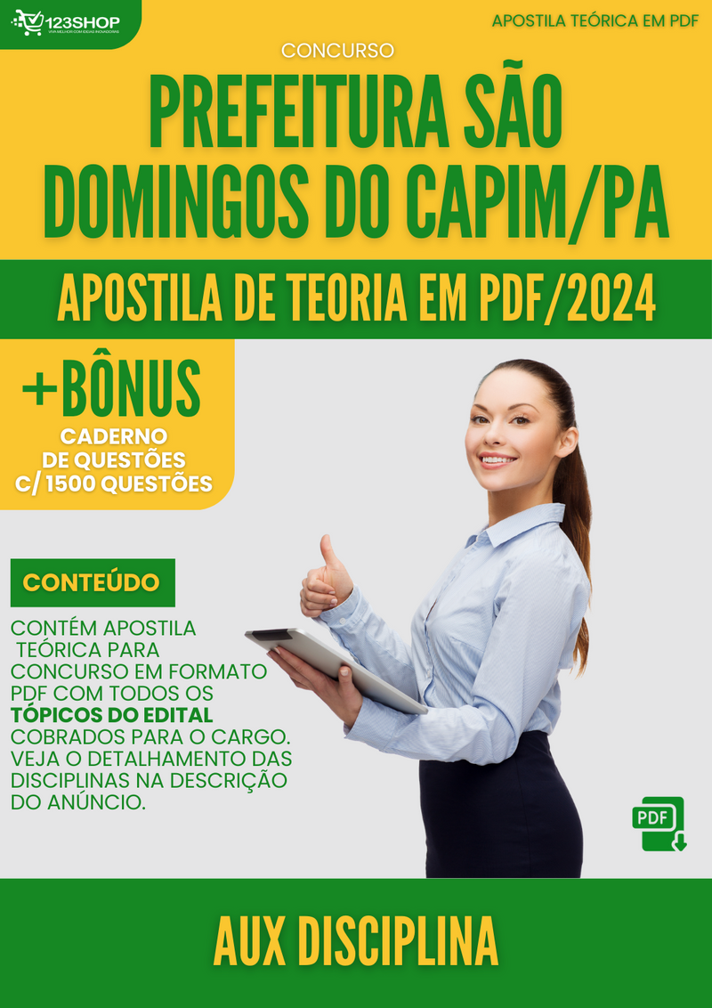 Apostila Teórica para Concurso Prefeitura São Domingos Capim PA 2024 Aux Disciplina - Com Caderno de Questões