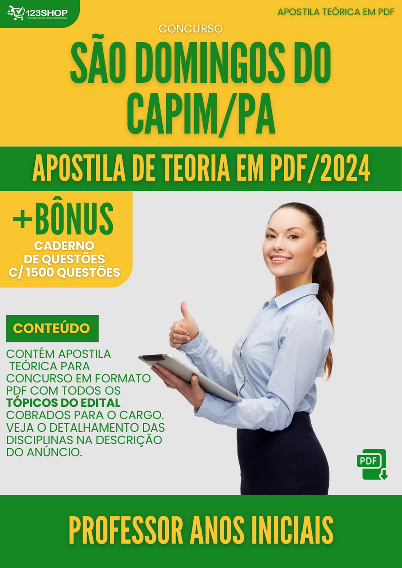 Apostila Teórica para Concurso São Domingos Capim PA 2024 Professor Anos Iniciais - Com Caderno de Questões